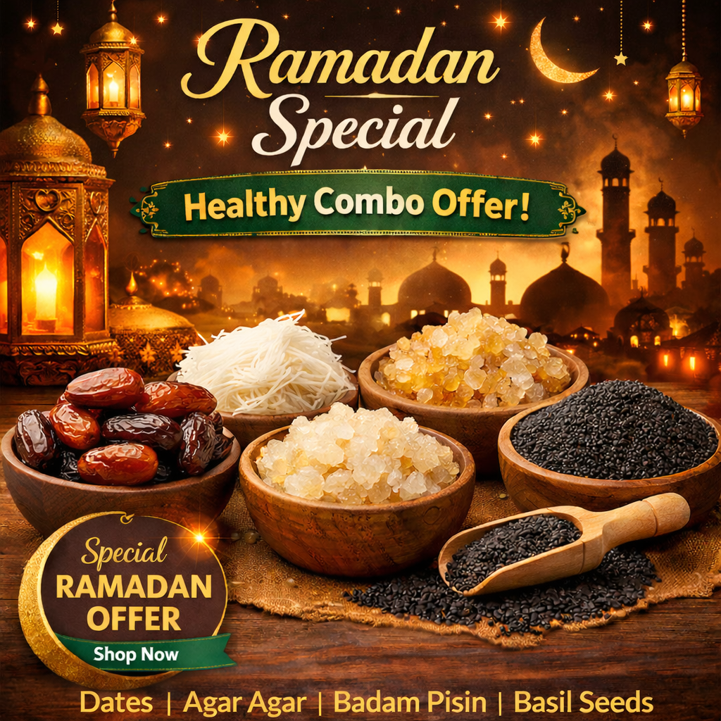 Ramadan Healthy Combo – Dates, Agar Agar, Badam Pisin & Basil Seeds Ramadan Healthy Combo – Dates, Agar Agar, Badam Pisin & Basil Seeds