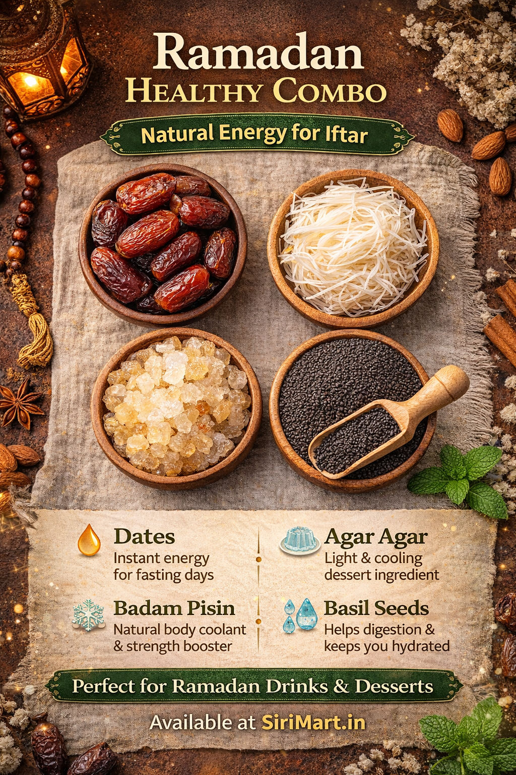 Ramadan Healthy Combo – Dates, Agar Agar, Badam Pisin & Basil Seeds Ramadan Healthy Combo – Dates, Agar Agar, Badam Pisin & Basil Seeds